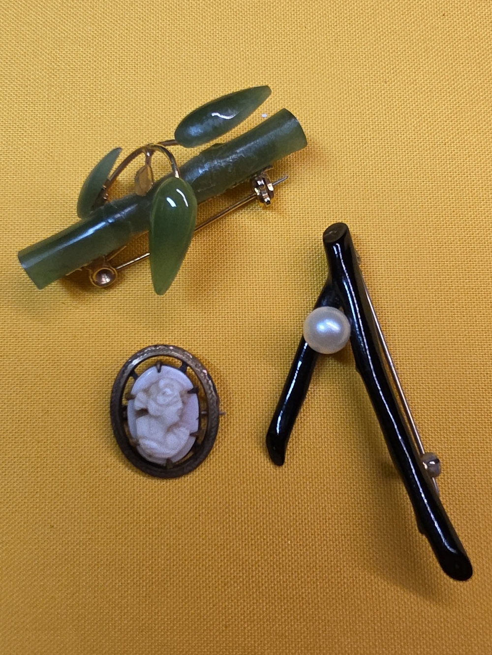 Vintage Mid Century Brooch Lot - 3pc Set Jade Bamboo, Black Coral Pearl, & Cameo